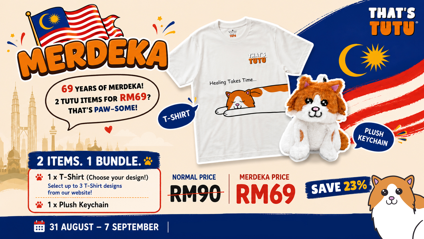 Merdeka special: 1 T-shirt and 1 Tutu plush keychain for RM69, 31 August to 7 September